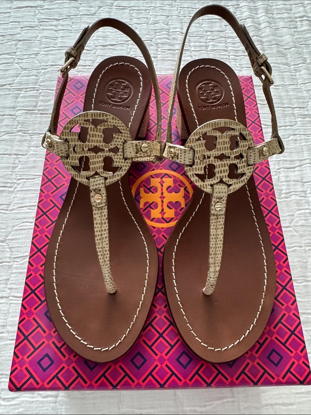 Tory Burch Mini Miller 45MM Stacked Heel Sandal - Micro Tejus Print, Size 8.5